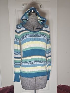 DKNY Jeans Blue Yellow Striped Cable Knit Hooded Sweater Pullover Size M